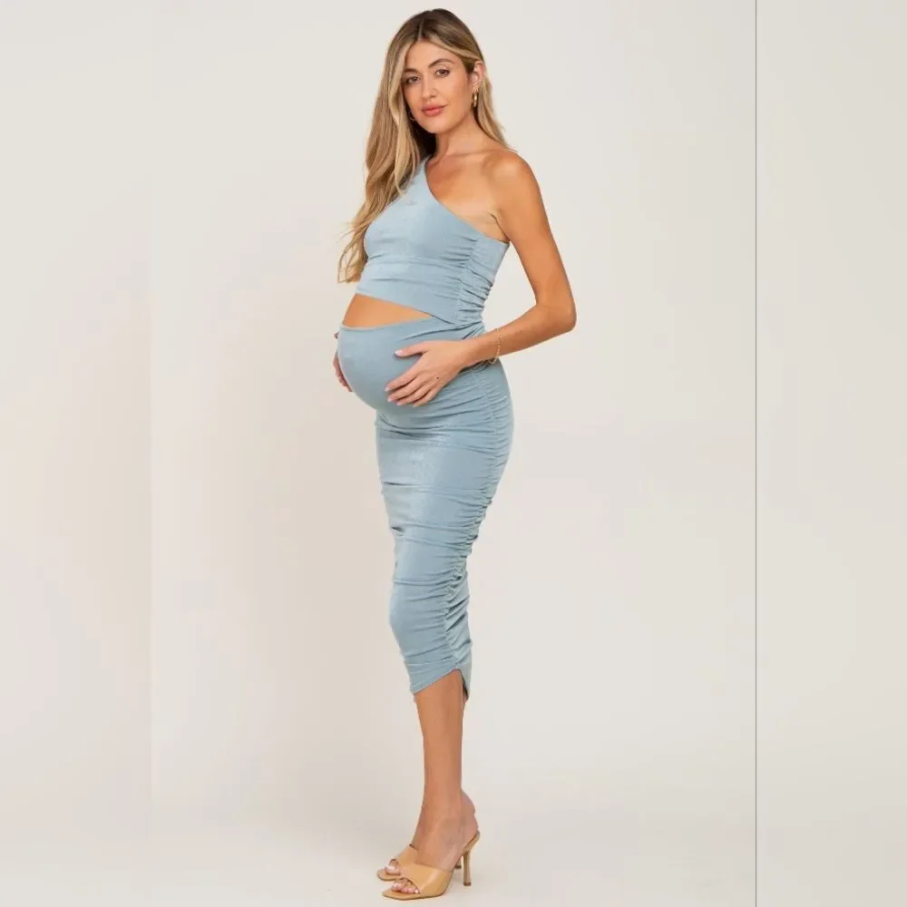 Pinkblush Jade One Shoulder Cutout‎ Ruched Midi Dress M Bodycon Maternity